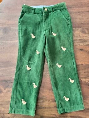 Little English Green Corduroy Pants with Embroidery | Ducks | Button Waist